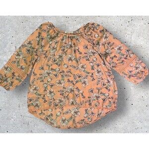Copper Key Womens Top Peach w/Floral Print Lace Accents Hi Low Blouse Size Large